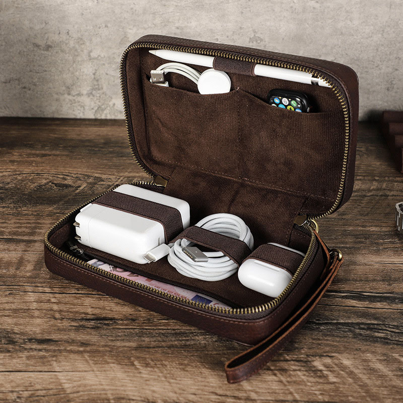 Tech Accessories Case - Vintage Brown Genuine Cowhide Leather Tech
